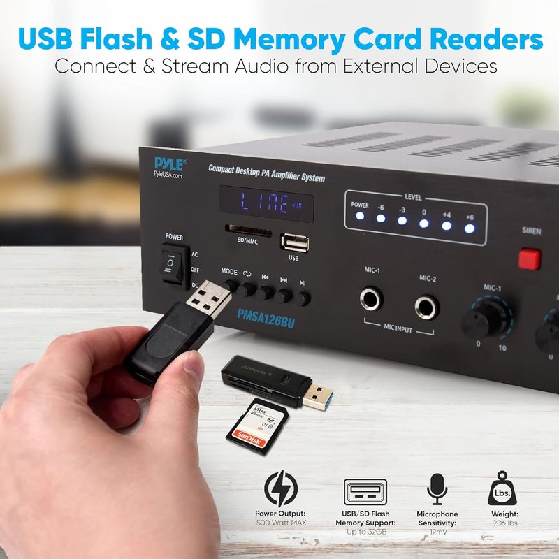 Pyle Public Address Amplifier - 500W Compact Digital Receiver w/ 70V 100V Output, Dual Mic Input, USB-A Input w/ MP3 Player, FM Radio, RCA | Home, Continuous Volume and Commercial | PMSA126BU - Image 5